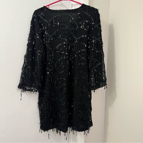 Zara Black FRINGED SEQUIN MINI DRESS Size Large - Picture 14 of 14